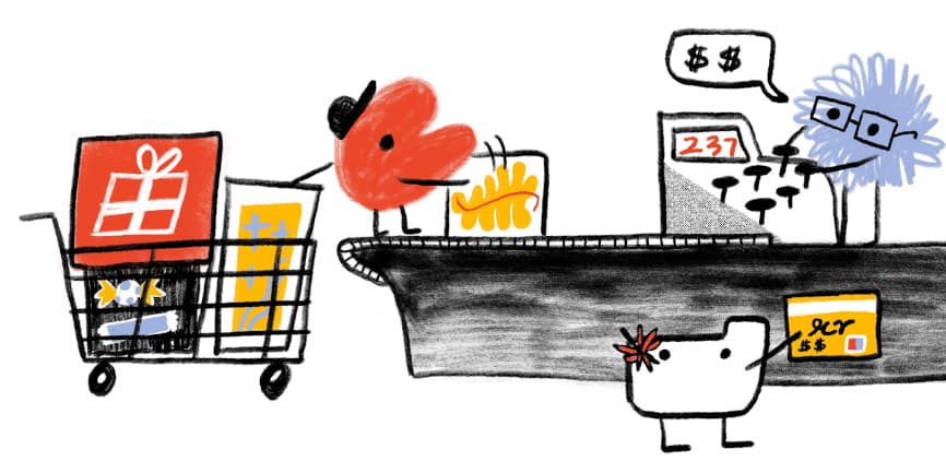 Hero image of a Web Almanac character at a supermarket checkout loading items from a shopping basket onto the conveyor belt while another character pays with a credit card.